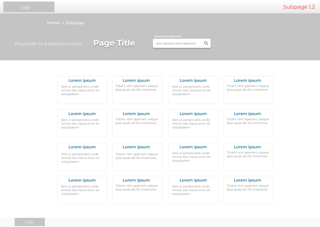 Wireframe designed before the Card Sorting Sessions with 62 items displayed on one page, not organised, not categorized. In the main content area we can see 62 tiles. 