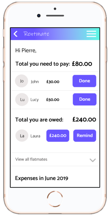 A wireframe of the main page of the mobile application Rentmate, Click here to view and test the prototype 