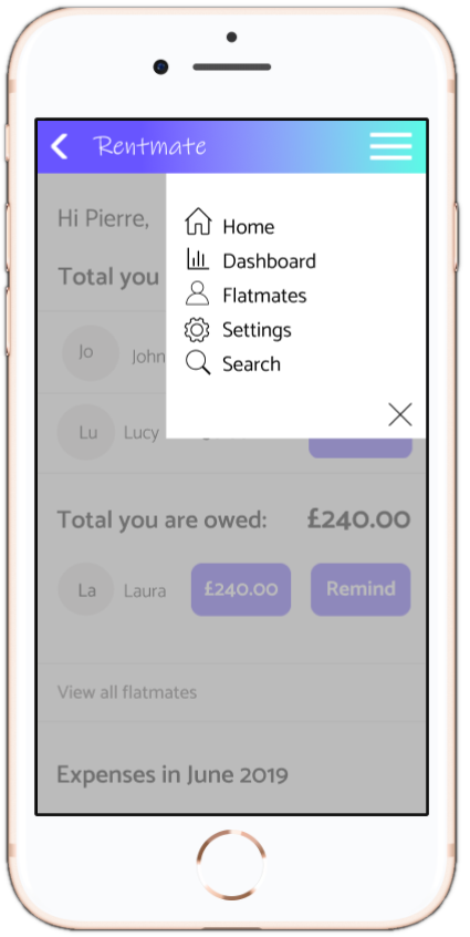 A wireframe of the menu page of the mobile application Rentmate, Click here to view and test the prototype 